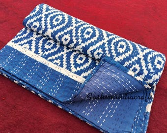 Indigo Floral Kantha Quilt: Handmade Indian Cotton Bedspread, Queen Size