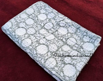 Floral Block Print Kantha Quilt: Indian Cotton Twin Bedspread