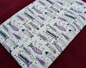 Fish Print Kantha Quilt: Handmade Queen Size Cotton Bedspread