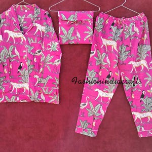 Ensemble pyjama rose à imprimé animal, ensemble pyjama en coton indien pour femme, chemise de nuit faite main, pyjama et chemise avec sac