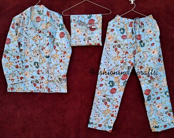 Pijama de algodón indio hecho a mano: pijama floral para mujer con bolsa
