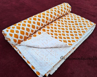 Orange Kantha Quilt: Handmade Indian Cotton Bedspread