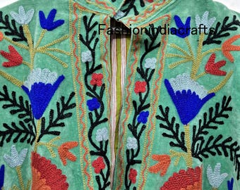 Velvet Suzani Jacket, Handmade Women Winter Jacket, Embroidered Work Floral Printed Coat