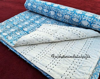 Block Print Kantha Quilt: Handmade Indian Cotton Bedspread
