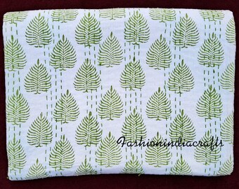 Green Leaf Printed Kantha Quilt, Indian Cotton kantha Bedspread, Block Printed Kantha Bedding Throw