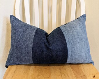 Simple striped denim jean lumbar pillows in two sizes 20"x12"/22"x14",blue repurposed jeans accent,porch,couch,mancave quilted pillow covers