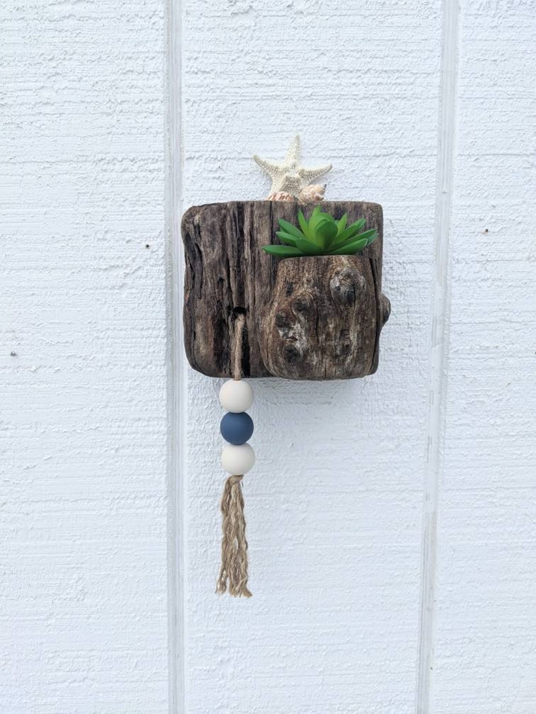 S32 Cute Beaded Driftwood Airplan Holder and Shore Finds Minishelf