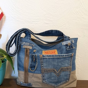 Beautiful Denim Blue/brown Jean Handbag,medium/large Handmade Quilted ...