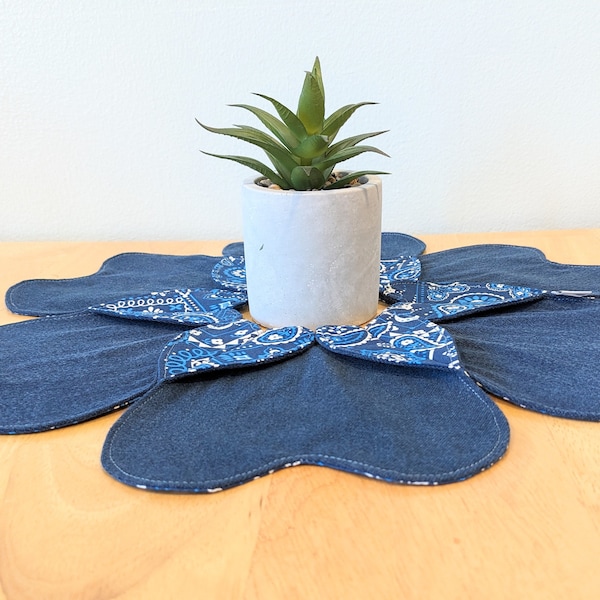 Lovely 15" quilted denim/blue bandana,table runner/doilie/table center,upcycled denim blue jean table decor,country/western wedding,party