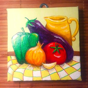 miniature painting, hand painted, still life, wall decoration, fruit and vegetable motif, kitchen decor, eggplant, pepper, tomato, onion, garlic