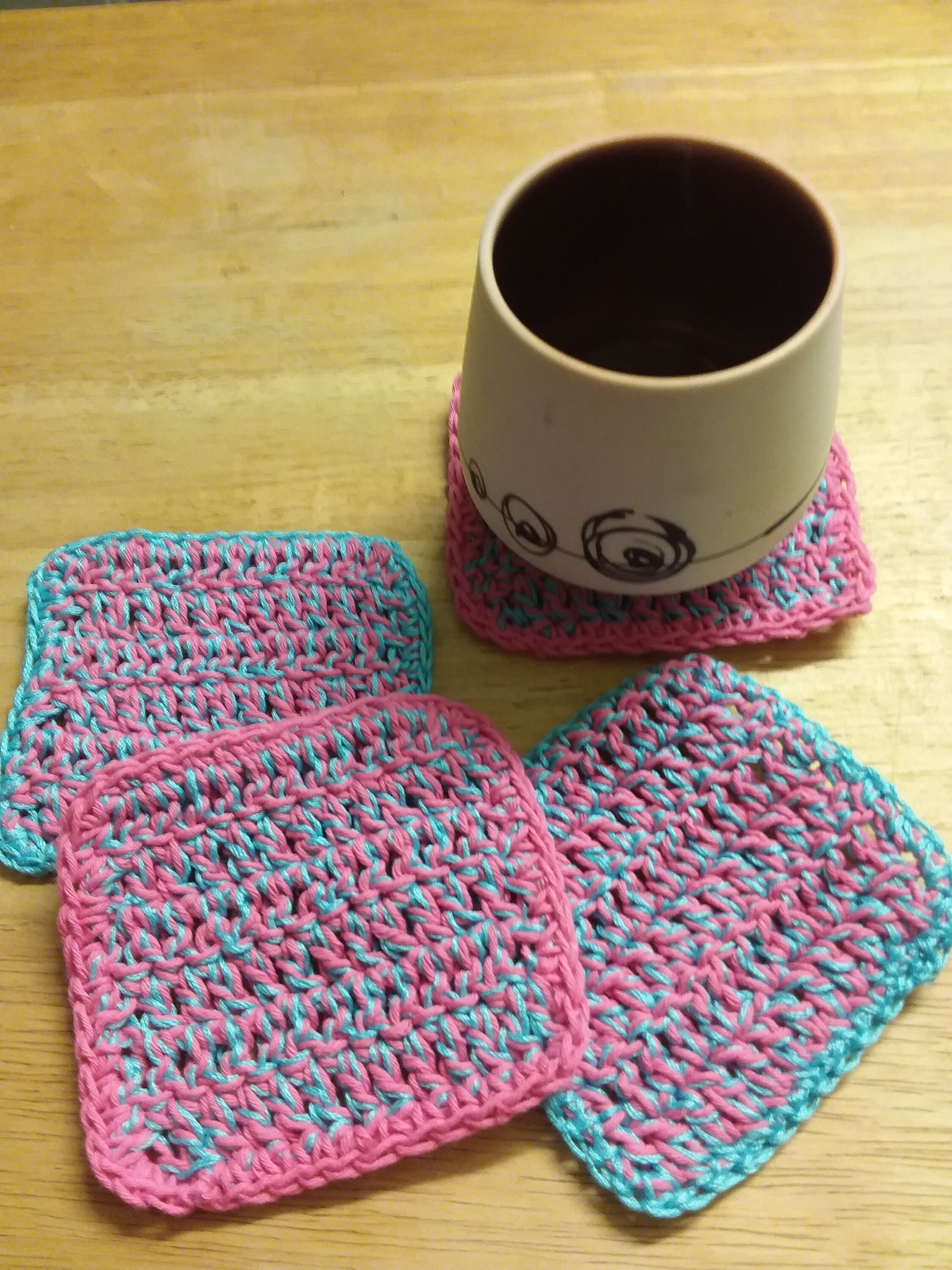 Crochet Coasters,set 4 Coasters, Cotton Thread, Blue and Pink Coasters