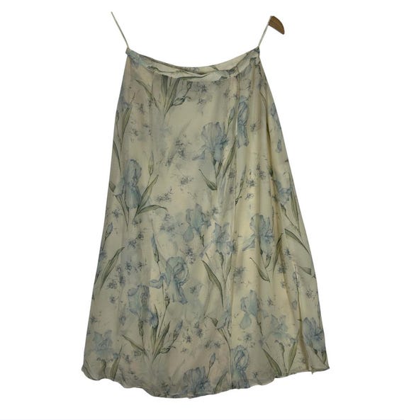 Krizia, Vintage Krizia Silk Floral Midi Skirt | Italian Designer Cream Blue Botanical Print