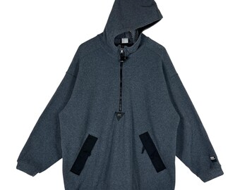 Sudadera con capucha tipo anorak de forro polar vintage Helly Hansen / Sudadera gris con media cremallera, talla grande