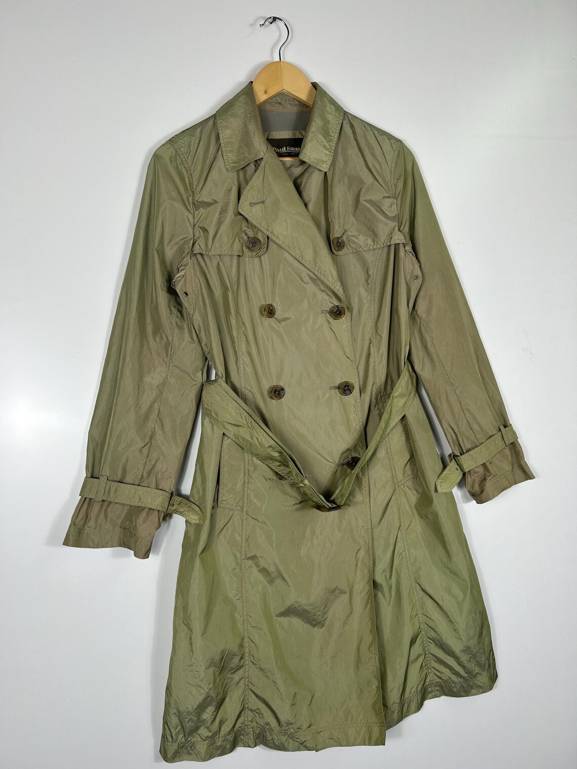Vintage Paul Stuart Olive Nylon Trench Coat | Double Breasted Belted Raincoat (Size 8), foto 2 di 5