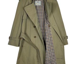 Vintage 90’s Aquascutum London Khaki Trench Coat Double Breasted Belted Classic Raincoat