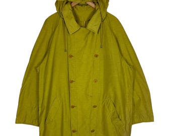 Kenzo Paris Vintage Hooded Double-Breasted Coat – Made in Japan – Oversized Yellow Green Jacket