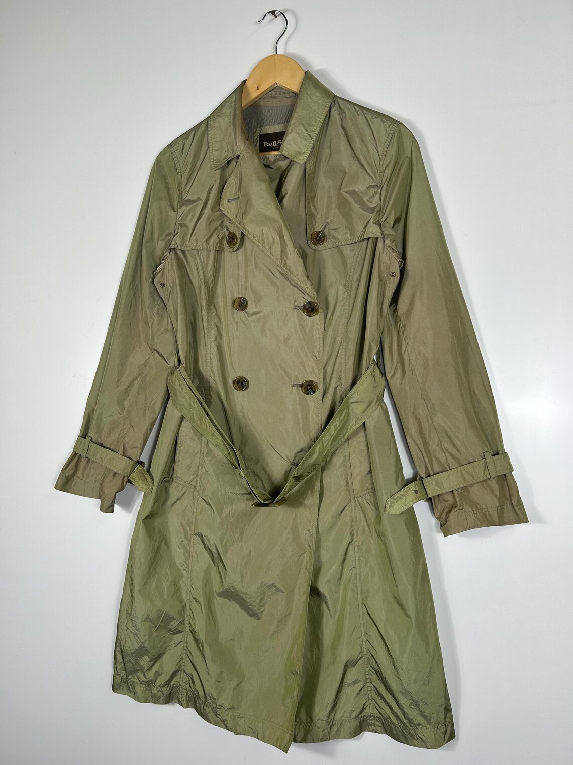 Vintage Paul Stuart Olive Nylon Trench Coat | Double Breasted Belted Raincoat (Size 8), foto 3 di 5