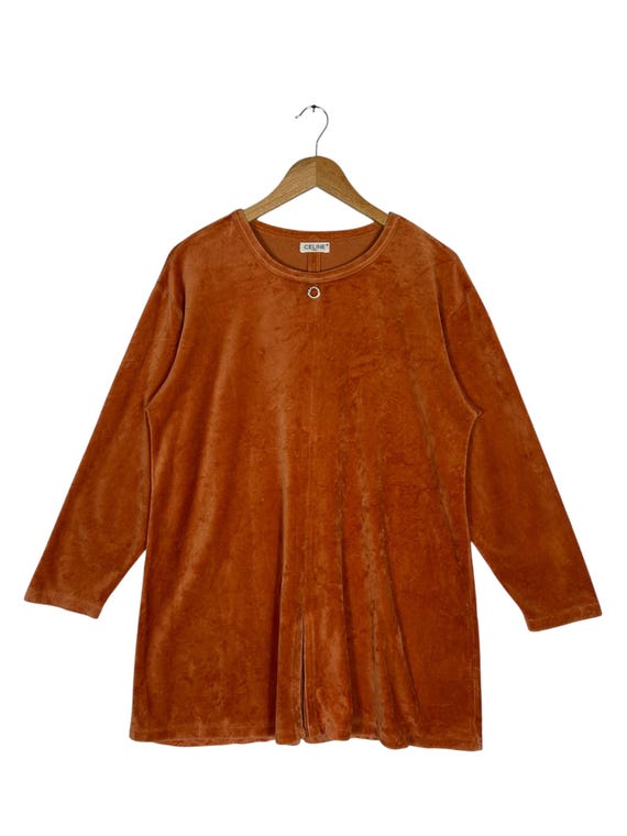 Celine, Vintage CELINE Velour Top | Burnt Orange Pullover, Made in Japan