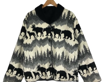Chaqueta polar canadiense vintage con estampado de osos y alces, ropa de abrigo de los años 90