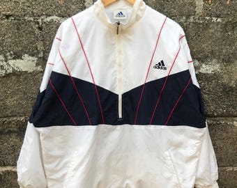 Vintage Adidas Descente Windbreaker White Navy Half Zip Pullover L Japan 90s Sportswear