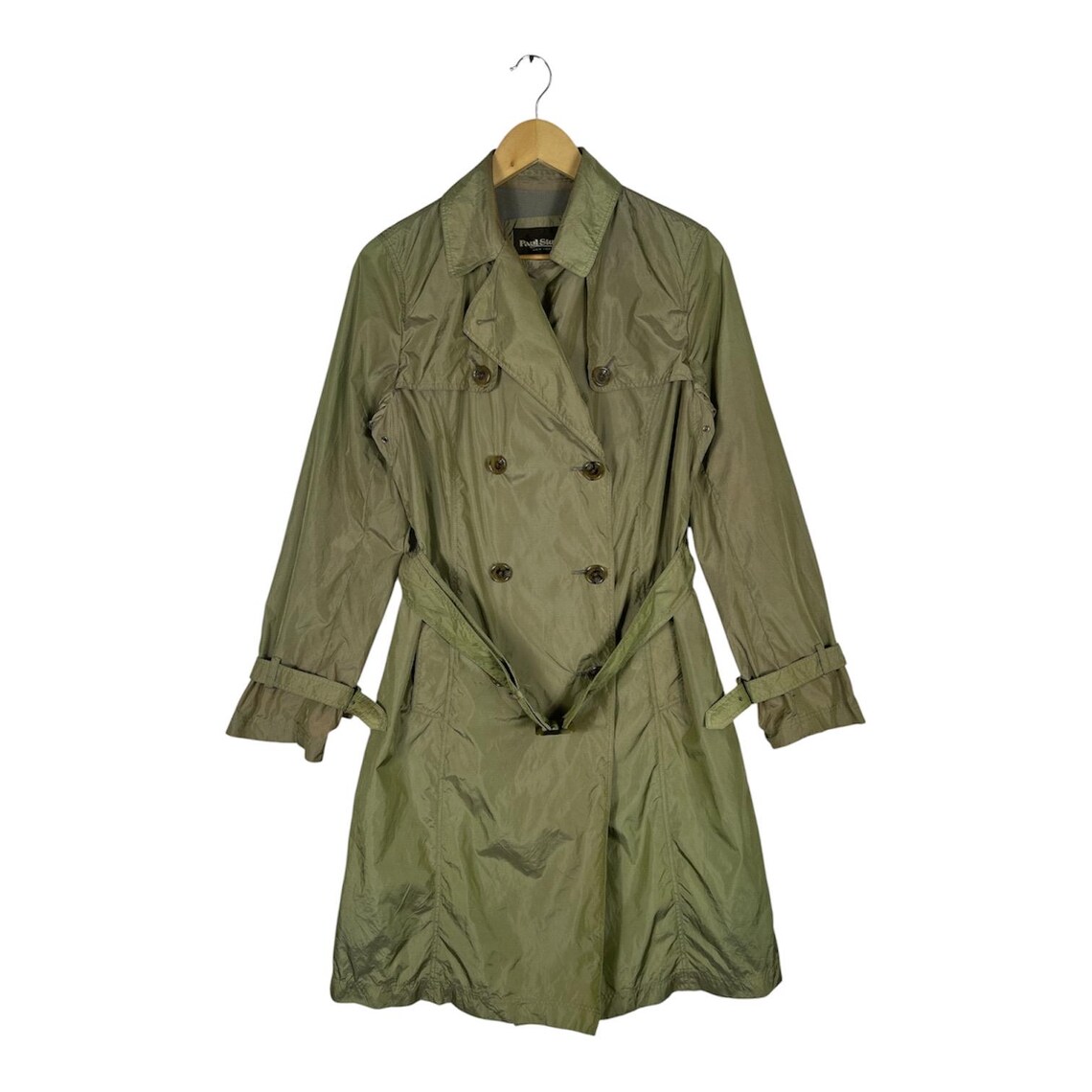 Vintage Paul Stuart Olive Nylon Trench Coat | Double Breasted Belted Raincoat (Size 8), foto 1 di 5