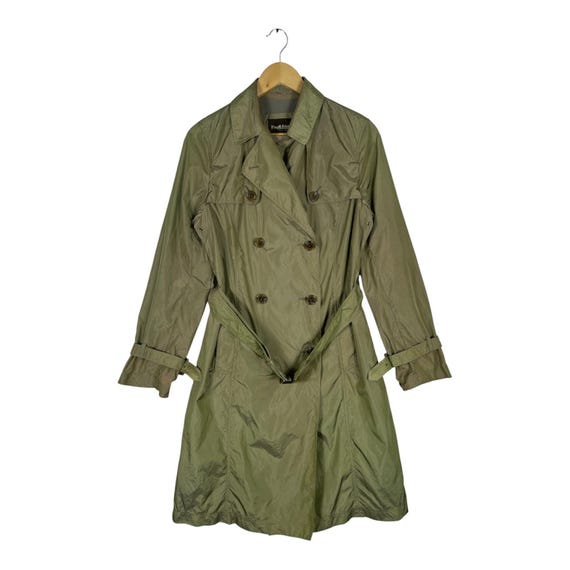 Vintage Paul Stuart Olive Nylon Trench Coat | Double Breasted Belted Raincoat (Size 8)