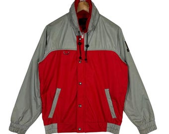 Vintage Descente Gore-Tex-jack – rood en grijs windjack met kleurvlakken, waterdicht outdoorjack, maat M