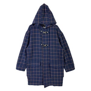 May include: A navy blue hooded coat featuring a thin orange grid pattern. The coat includes a hood, long sleeves, two large front pockets with flaps, and two silver-toned metal buckle closures down the center front. The interior label reads Versace.