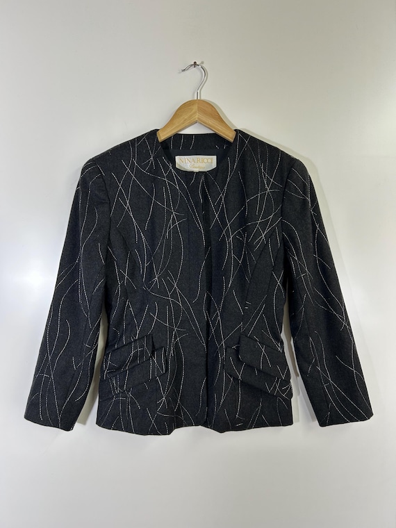 Nina Ricci, Vintage Nina Ricci Boutique Wool Blazer | Abstract Pattern Tailored Jacket | Black | Size 7