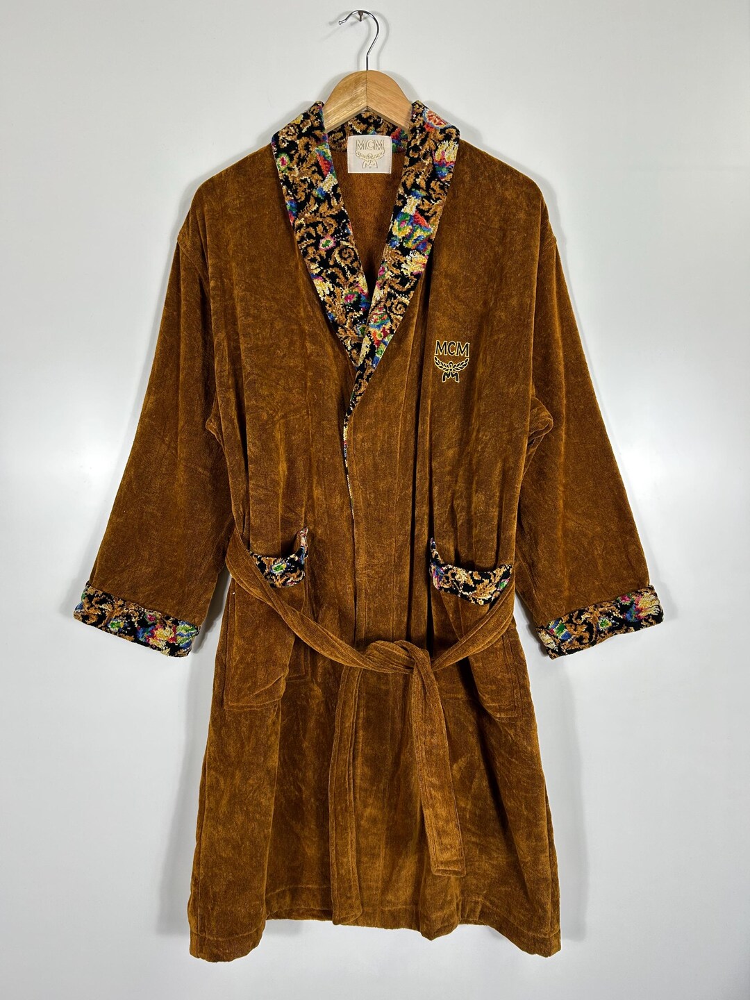 Vintage MCM Velour Robe Brown Gold Embroidered Logo With Patterned Trim ...