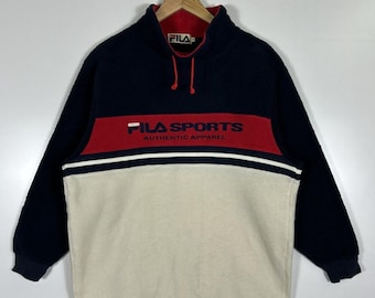 Felpa sportiva vintage FILA – Giacca color block anni '90 blu navy rosso crema – Orlo con coulisse – Taglia M
