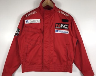 Vintage Red Racing Team Jacket – Men’s Size M, Patchwork Motorsport Style, Japanese