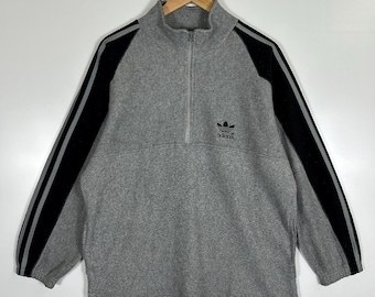 vintage Adidas Trefoil Grey Fleece Half Zip Pullover - Style années 90 - Fabriqué à Hong Kong