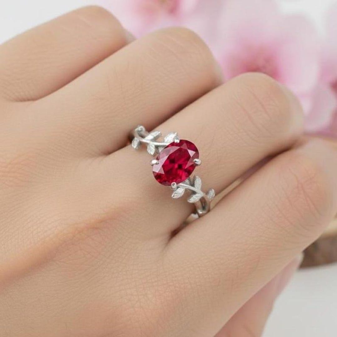 Oval Ruby Ring | Sterling Silver Leaf Band, Nature Inspired - Etsy