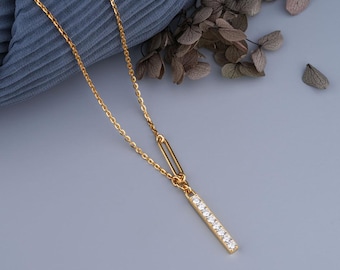 14k Gold Vertical Bar Necklace: Dainty Cubic Zirconia Pendant
