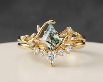 Moss Agate Kite Cut Ring Set | 14k Yellow Gold Bridal Set, Nature Inspired