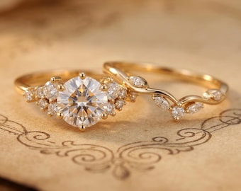 Moissanite engagement ring set for women | Round Cut 14k gold lab diamond wedding bridal ring set | April Birthstone Anniversary gift