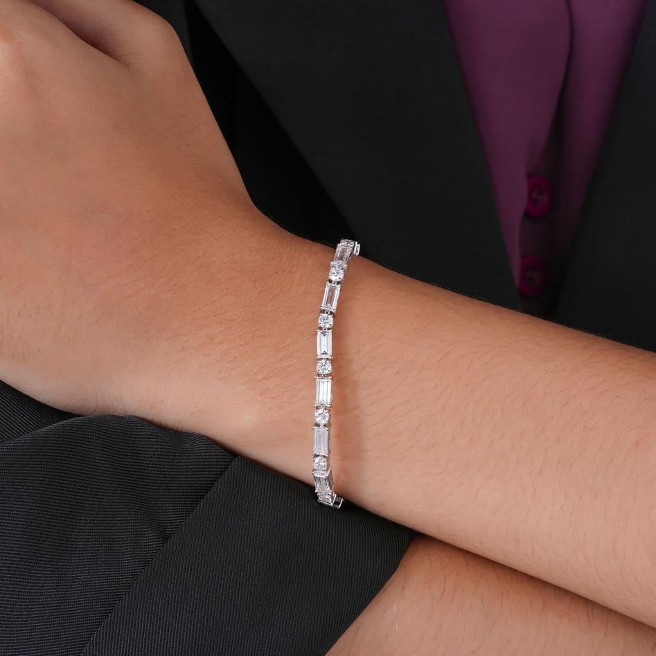 Baguette and round diamond tennis bracelet Sterling silver baguette diamond bracelet Anniversary gift baguette tennis Bridal bracelet