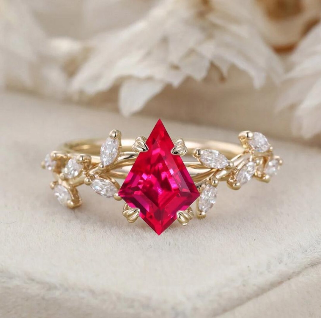 Nature Inspiration Kite Cut Lab Grown Ruby Engagement Ring 14K Gold ...