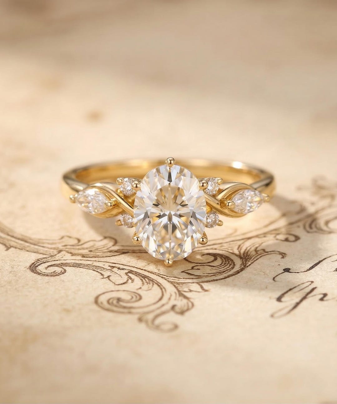 Oval Moissanite Engagement Ring | 14k Yellow Gold Vintage Bridal ...