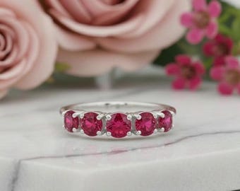 Ruby Sterling Silver Half Eternity Band, Five Stone Ring