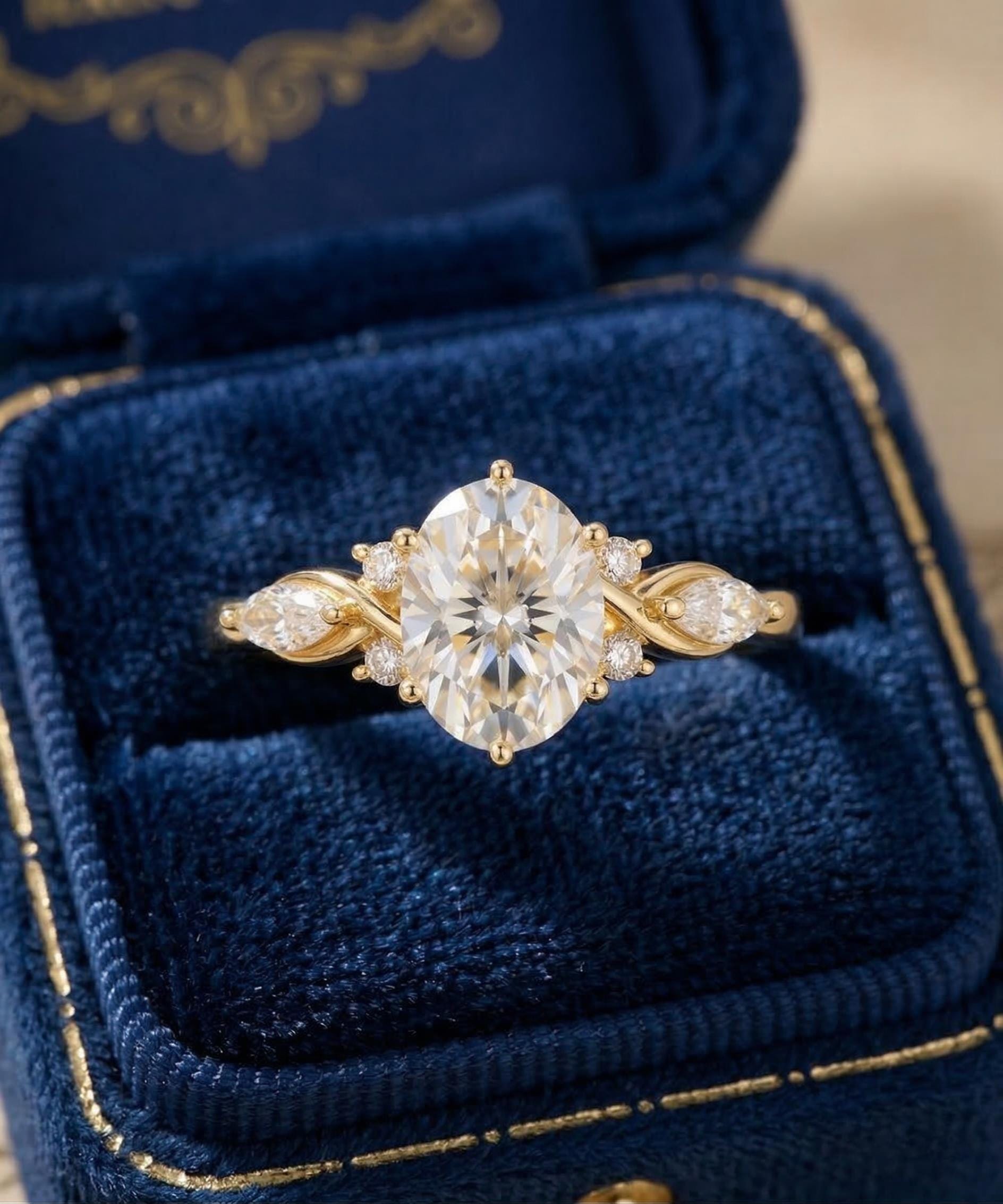 Oval Moissanite Engagement Ring | 14k Yellow Gold Vintage Bridal ...