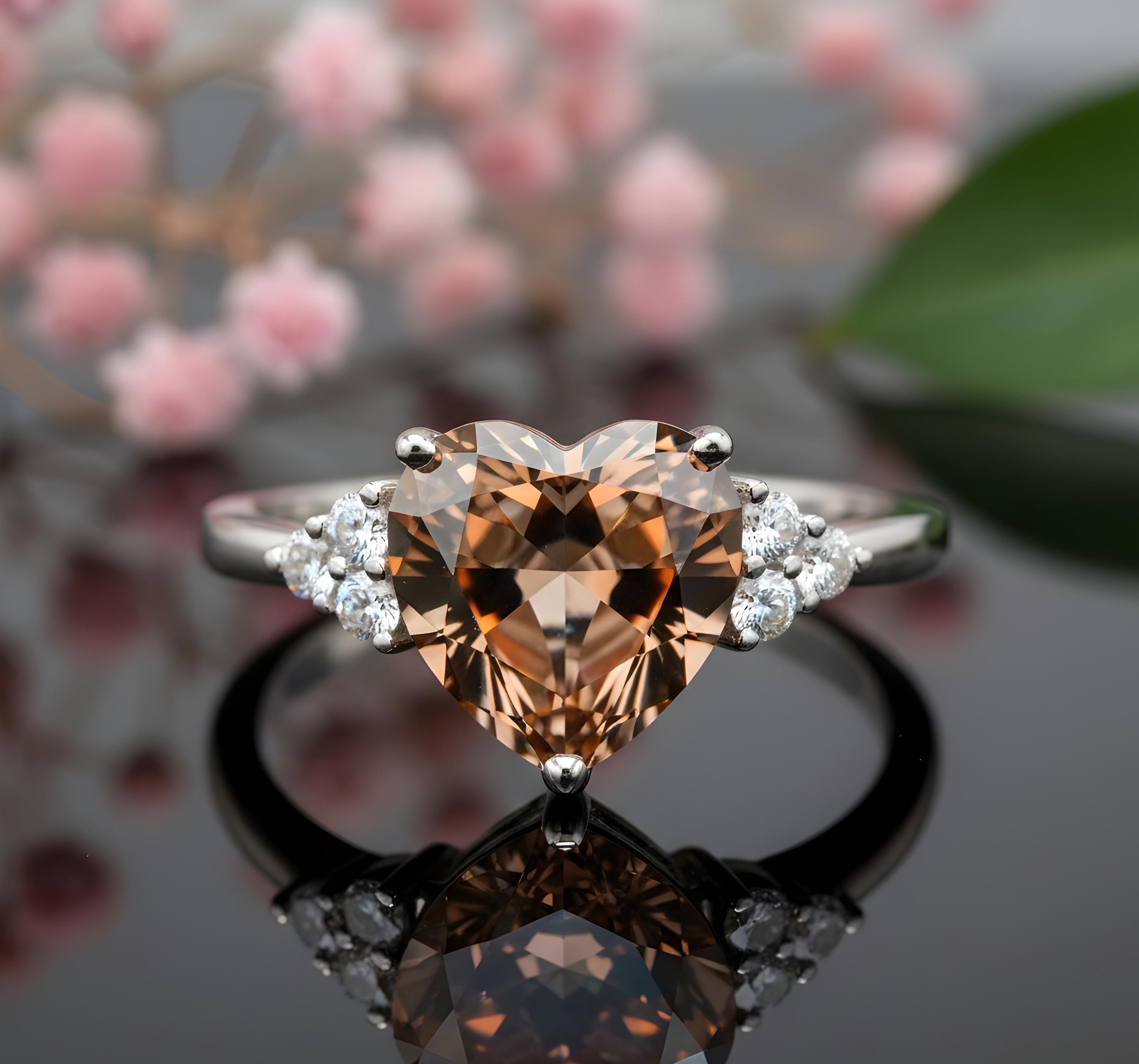 manaHUMETE PAVE RING ブラウンリング14号 Heart Cut Cognac Brown Moissanite Engagement Ring, 14k Gold