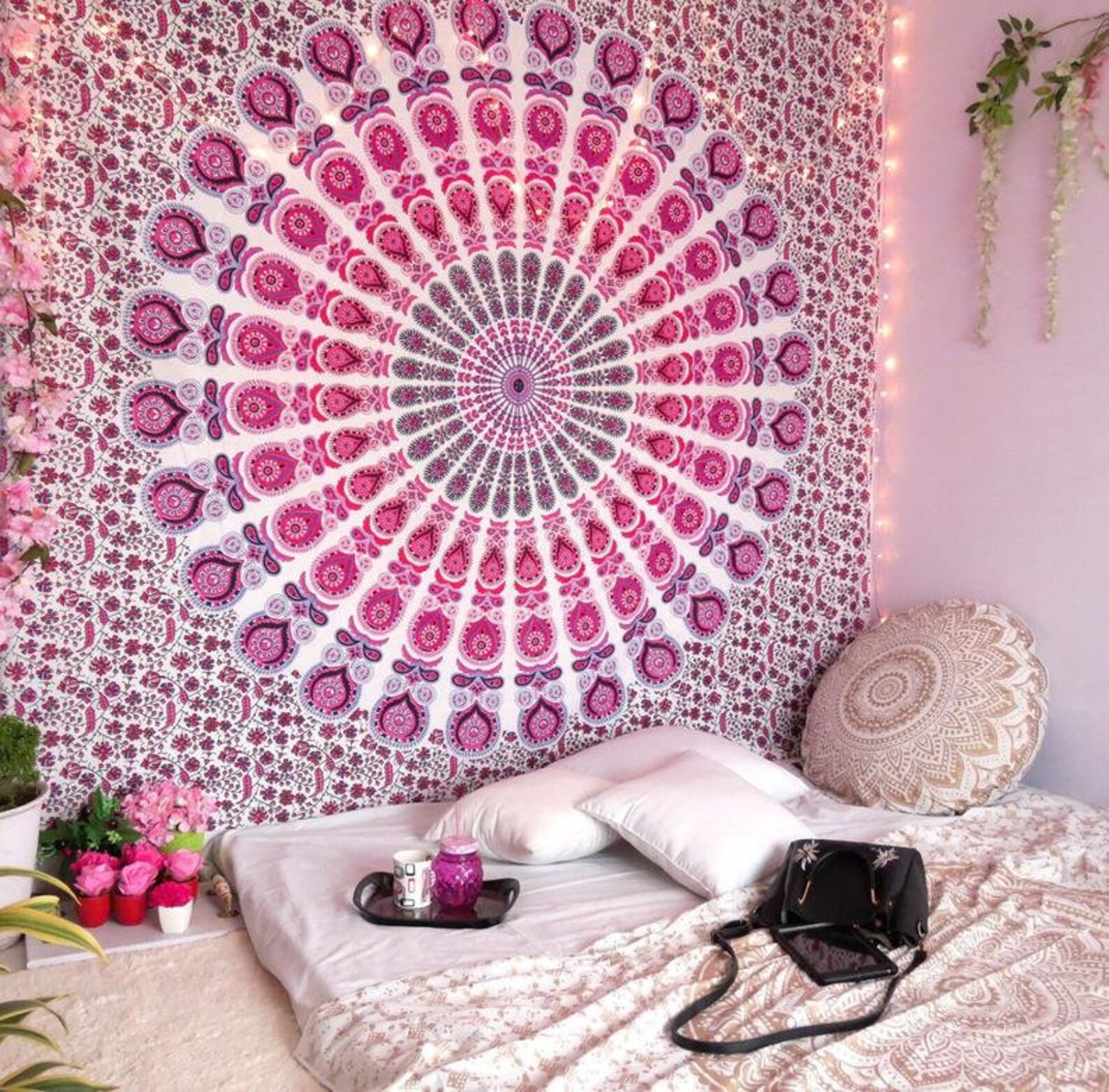 Rcraft White Pink Tapestry Wall Hanging Mandala Tapestries Etsy
