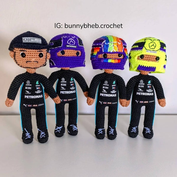 F1 Racer with Helmet & Cap Crochet Plush Doll Handmade Formula One - Lewis Hamilton etc.  (bunnybheb.crochet)