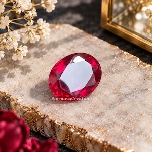 May include: A vibrant, oval-cut ruby gemstone with deep red facets that reflect light. The gemstone is positioned on a textured, light-colored stone slab with gold-toned edges. The text SarmayaCreations is visible on the stone surface.
