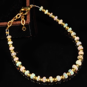 Opal bead, Natural Ethiopian opal welo fire rondelle bead bracelet, opal bead bracelet with golden balls, 3x5 MM 16.45 Cts A