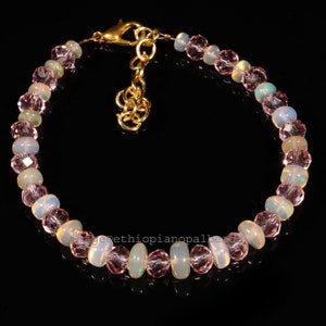 4x7 MM 34 Cts 100% Natural Ethiopian Opal Welo Fire Rondelle Beads Bracelet with pink quartz Beads, gift for her