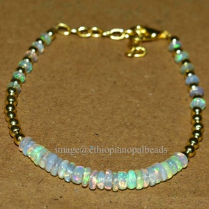 3x4 MM Ethiopian Opal Bead Bracelet – Natural Welo Fire Opal Rondelle Beads with Gold Accents – October Birthstone Jewelry Gift for Her