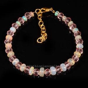4x7 MM 33.75 Cts 100% Natural Ethiopian Opal Welo Fire Rondelle Beads Bracelet with Pink quartz Beads, gift for her